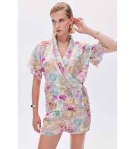 Marguerite Desenli Kruvaze Kısa Saten Pijama Takımı