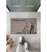 Kedili Hoş Geldiniz Yazılı Modern Dekoratif İç ve Dış Kapı Önü Paspası 70x45 Cm