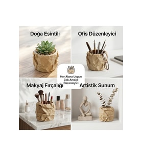 3D Buruşuk Kağıt Tasarımlı Çok Amaçlı Masaüstü Organizer (Krem/Bej)
