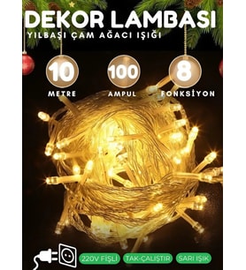 10 MT Led Işık Aydınlatma Yılbaşı Çam Ağacı Süsleme 100 Ampul 8 Modlu Fişli Dekor Lambası (Sarı Altın)