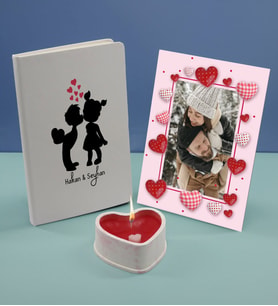 BK Gift Sevgililere Özel Beyaz Defter Dekoratif Çerçeve ve Kalp Taş Obje Kokulu Mum Hediye Seti-16, Sevgiliye Hediye, Sevgililer Günü