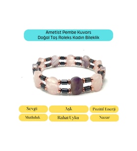 SERTİFİKALI Ametist Pembe Kuvars Hematit Doğal Taş Roleks Kadın Bileklik