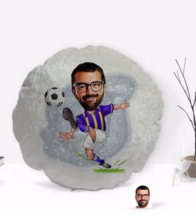 BK Gift Kişiye Özel Sarı Lacivert Futbolcu Karikatürlü Yuvarlak Dekoratif Kırlent Yastık-1
