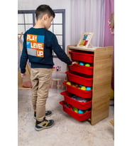 6 Çekmeceli Çocuk Oyuncak ve Aktivite Dolabı,Ceviz-Turuncu 18mm MDF
