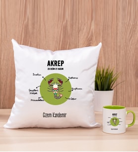 Kişiye Özel Akrep Burcuna Hediye Kare Yastık ve Yeşil Kupa