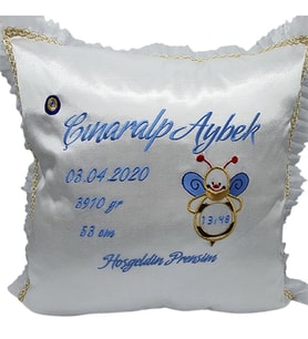 İsme Özel Bebek Yastığı Saten Arılı Ekru (Ekru)