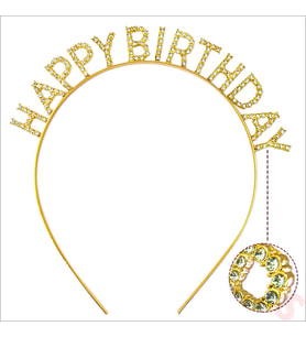 Kristal Taşlı, A Kalite Metal Happy Birthday Taç - Altın