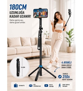 180cm Bluetooth Kumandalı Telefon Tripodu 360° Ayarlanabilir Selfie Çubuğu Android iOS GoPro Uyumlu