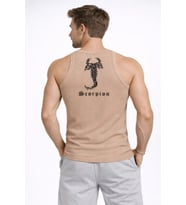 Erkek Fitilli Atlet Sıfır Yaka Slim Fit Arka Baskılı Spor Atlet - Bej