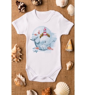 Unisex Beyaz Bebek Balina Baskılı Çıtçıtlı Body