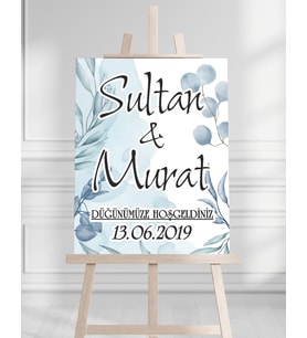 Söz Nişan Düğün İçin 50x70 Karşılama Panosu - Mavi Çiçek Temalı