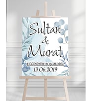 Söz Nişan Düğün İçin 50x70 Karşılama Panosu - Mavi Çiçek Temalı