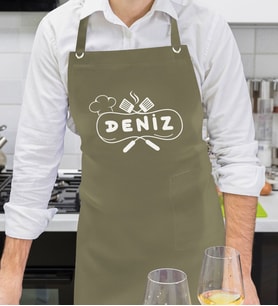 BK Gift Kişiye Özel İsimli Chef Tasarımlı Profesyonel Haki Yeşil Mutfak Önlüğü, Aşçı Önlüğü, Şef Önlüğü, Arkadaşa Hediye-10