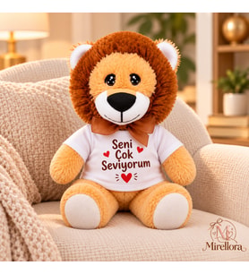 Mirellora Kişiye Özel Baskılı Sarı Peluş Aslan