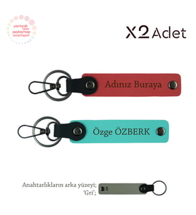 Çiftlere Doğum Günü Jest, İsim & Soyisim Kişiselleştirilmiş 2’li Anahtarlık, Nar Çiçeği-Turkuaz-Gri