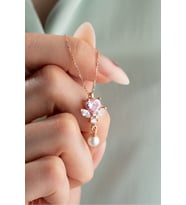 925 Ayar Gümüş Pembe Taşlı İnci Detay Kalp Kolye