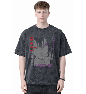 Tasarım Sasuke Uchiha Naruto Anime Baskılı Unisex Oversize Eskitme Yıkamalı Tişört