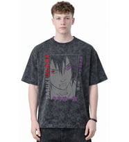 Tasarım Sasuke Uchiha Naruto Anime Baskılı Unisex Oversize Eskitme Yıkamalı Tişört