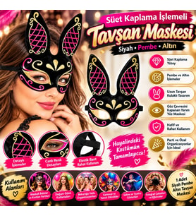 Süet Kaplama İşlemeli Tavşan Maskesi – Siyah Pembe Altın