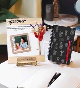 Öğretmenler Günü Ahşap Fotoğraflı Çerçeve Defter ve Kalem Hediye Seti (Beyaz)