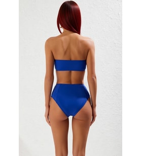 Kadın Bikini Takımı Straplez Balensiz Yüksek Bel Hipster Örme Raşel Dokuma Desenli Kaplı Kolsuz