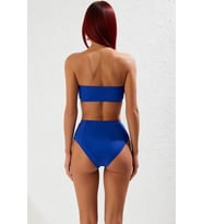 Kadın Bikini Takımı Straplez Balensiz Yüksek Bel Hipster Örme Raşel Dokuma Desenli Kaplı Kolsuz