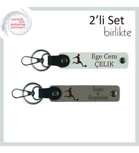 Erkek Sevgiliye Tarz Sahibi Hediyelik, Futbol Figürlü Yazı Eklenebilir Anahtarlık Set, Beyaz-Kül Gri