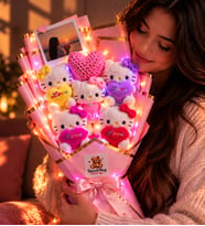 LED Işıklı Tatlı Renkli Hello Kitty Peluş Buket, El Örgüsü Kalpli Sevimli Hello Kitty Buketi, Sevgiliye ve Arkadaşa Özel Hediye- Pembe - Root&Hug