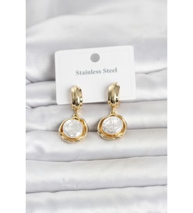316L Çelik Gold Renk İnci Detaylı Kadın Küpe 5886 - GLST8159-2519