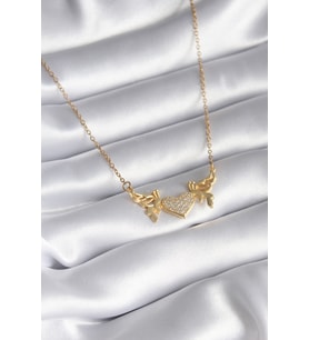 316L Çelik Gold Renk Zirkon Taşlı Kanatlı Kalp Model Kadın Kolye 5886 - HPSBYI4306-6552