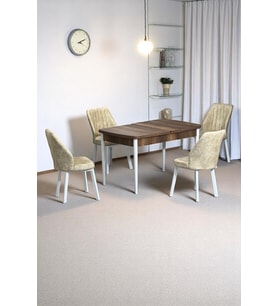 Florn Ceviz 80 x 132 Açılabilen MDF Masa Metal Ayaklı Mutfak Masası Takımı 4 Krem Sandalye