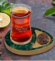 BK Gift Kişiye Özel Mermer Tasarımlı Doğal Ahşap Tabaklı Heybeli Çay Bardağı Sunum Seti Model 11