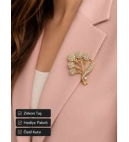 Premium Hediye Gold Renk Zirkon Taşlı Çiçek Tasarım Kadın Broşu