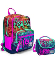 Coral High Dört Bölmeli Ortaokul Çantası ve Beslenme Çantası Seti - Pembe Lacivert Grafiti - Erkek Çocuk