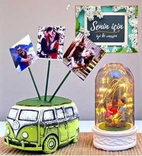 Kişiye Özel Hediye Seti 3 Fotoğraflı Yeşil Vosvos Saksı ve Led Işıklı Fanus (Model 8)