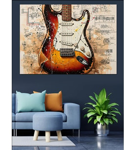 Eskimiş Rock Gitarı Ve Müzik Notaları Dekoratif Kanvas - Mdf Ahşap Tablo