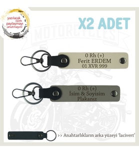 Motor Severlere Özel, İsim Plaka ve 0 Rh (+) Kan Grubu Yazılı x2 Anahtarlık, Kül Gri-S Kahve-Laci (Çok Renkli)