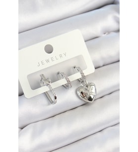 Pirinç Zirkon Taşlı Kalp Model Gümüş Renk 3'lü Çift Kadın Küpe Set - TJ-BKP10794