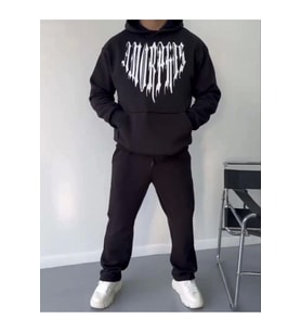 Uzun Kol Kapşonlu Baskılı SweatShirt - Siyah