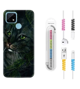Realme C11 C21 C21Y C25Y C11 2021 Kılıf Kablo Koruma Spiral Silikon Flowers Cat 1345
