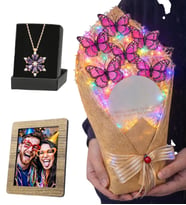 Kişiye Özel Fotoğraflı Renkli Led Işıklı Aynalı Kelebek Buketi ve Gerçek Ametist Taşlı Lotus Kolye (Pembe)