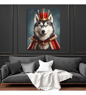 Tekli Dikey Kanvas Duvar Tablosu Kral Kostümlü Köpek Husky