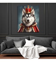 Tekli Dikey Kanvas Duvar Tablosu Kral Kostümlü Köpek Husky