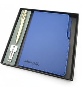 Signator® Codex  N363 Kişiye Özel Defterli Set - İsme Özel Gold Kalem + İsme Özel Mavi Defter + İsme Özel 32 GB Usb Bellek  İsme Özel Kutusunda Hediyelik Set (Karışık)