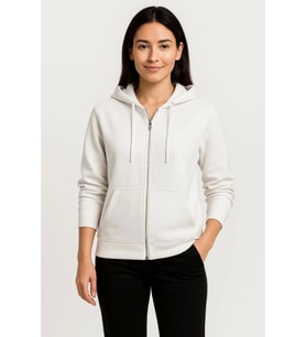 Üç İplik Kapüşonlu Tam Fermuarlı Kanguru Çepli SweatShirt Hoodie - Beyaz