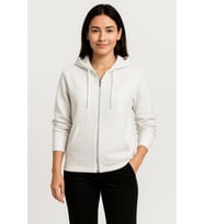 Üç İplik Kapüşonlu Tam Fermuarlı Kanguru Çepli SweatShirt Hoodie - Beyaz