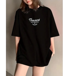 Thousand Baskılı Oversize Bisiklet Yaka T-shirt - Siyah