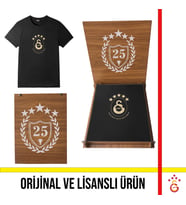 Galatasaray Lisanslı 2025 Logolu Şampiyonluk Siyah T-Shirt Şampiyonluk Özel Ahşap Kutulu