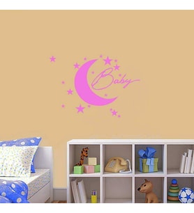 Ay ve Yıldızlar Baby Yazılı Uyku Zamanı Temalı Silüet Dekoratif Çocuk Odası Duvar Sticker, Çıkartma Pembe