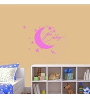 Ay ve Yıldızlar Baby Yazılı Uyku Zamanı Temalı Silüet Dekoratif Çocuk Odası Duvar Sticker, Çıkartma Pembe